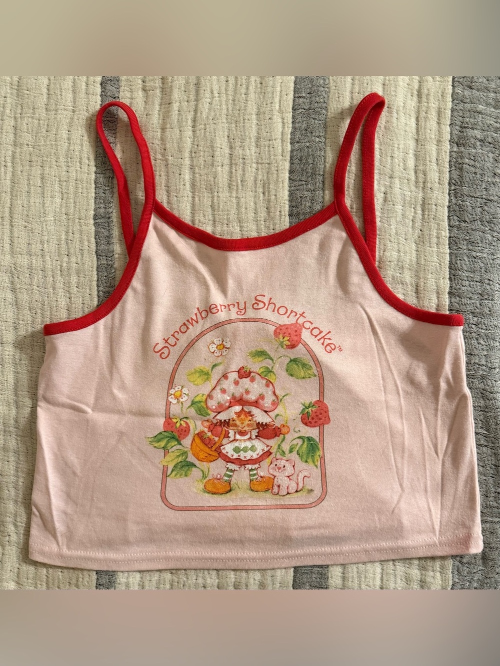 Strawberry Shortcake Pink Graphic Crop Tank with Red Trim